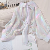 Shining Sparkle Button-Up Chiffon Blouse: 2023 Summer/Autumn Style